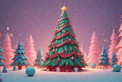 The primary subject of the image is a large, colorful Christmas tree. The tree is adorned with ornaments and presents, creating a festive and joyful atmosphere. The setting is a snowy landscape, with a few other trees visible in the background. The visual style of the image is a digital art or illustration, showcasing the intricate details of the tree and its decorations. The colors and mood of the image are predominantly warm and cheerful, with the bright colors of the tree and ornaments